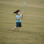 Kids having fun flying kites in nature, with bright kites and smiles.