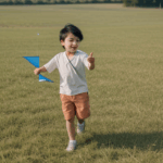 The colorful kite dances in the wind as a child holds the string, surrounded by the beauty of nature and open fields.