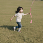 A dynamic image of a kite in flight, highlighting the excitement and laughter of a child's outdoor adventure.