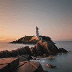 Waves crash against rocks as a lighthouse stands sentinel at sunset.