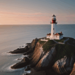 A lighthouse stands majestically on a rocky coast as the sun sets, casting golden hues across the ocean.