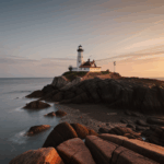 A lighthouse glows in the warm light of sunset, standing on rocky terrain.