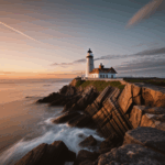 A majestic lighthouse standing on a rocky coast at sunset, casting a warm glow.
