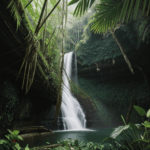 A stunning waterfall flowing through dense jungle foliage, offering a serene retreat.