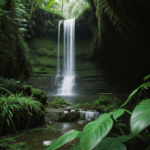 A scenic waterfall flowing through dense jungle greenery, showcasing the beauty of nature.