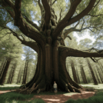 A magical forest clearing with a giant tree, inviting exploration and adventure.
