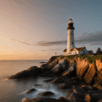 A majestic lighthouse stands as a beacon on the rocky coast, bathed in sunset light.