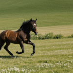A majestic horse galloping through the green meadow, embodying freedom and wild spirit.