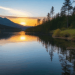 Majestic mountain backdrop with a serene lake at sunrise.