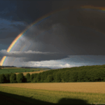 The serene beauty of the countryside is magnificently highlighted by a vibrant rainbow, creating an awe-inspiring scene.
