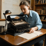 A mechanical typewriter resting on an old desk, showcasing its vintage appeal.