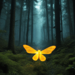 A moonlit forest path aglow with the natural light of fireflies.