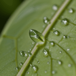 A morning dewdrop glistening on a leaf, highlighting the serene beauty of nature's small wonders.