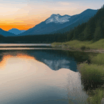 Mountain vista with a serene lake at early morning light.