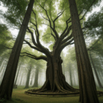 A panoramic view of a mystical forest landscape with a prominent giant tree at the center.