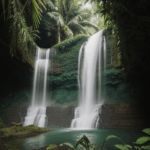 A cascading waterfall in a lush jungle, surrounded by verdant greenery and natural beauty.