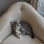 A serene cat comfortably curled up on a plush armchair, exuding peace and contentment.