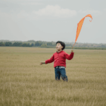 A vibrant kite in the sky, guided by a child's playful spirit in a lush and expansive grassy field.