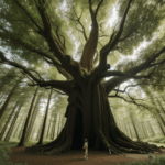 A picturesque nature walk through an enchanted forest, dominated by a giant tree.