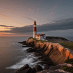 A nautical sunset view featuring a lighthouse on a rugged coastline.