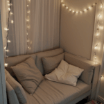 Decor ideas for a cozy reading nook with fairy lights and plush seating.
