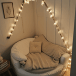 A nook with fairy lights adding warmth and charm to a reading space.
