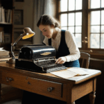 A nostalgic typewriter serving as table decor, infusing the space with historical flair.