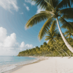 A gentle ocean breeze sweeps across a tropical beach filled with palm trees.