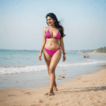 The beach comes alive with an Indian beauty in a bikini, exuding tropical getaway vibes and cultural elegance.