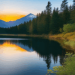 Peaceful morning with a mountain lake reflecting the sunrise.