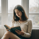 A peaceful scene of a woman reading a book, embraced by the warmth of a sunny window.