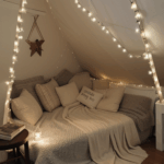 A personalized reading space with fairy lights creating a cozy ambiance.