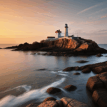 Dusk falls over a lighthouse perched on a picturesque rocky coast.