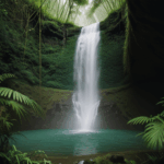 A lush green jungle with a magnificent waterfall, ideal for nature lovers and explorers.