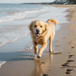 Playful golden retriever dashing across the beach, full of energy and spirit.