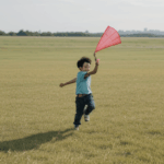 An idyllic moment of kite flying, where a child's laughter echoes through the open fields and clear skies.