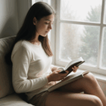Quiet reading time as a woman finds peace with her book by the window.