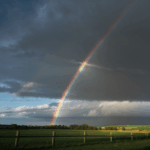 A vibrant rainbow gracefully arches over a peaceful countryside, creating a stunning contrast against the serene landscape.