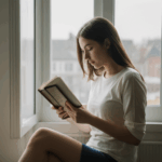Reading in sunlight, a woman lost in her book with a serene expression.