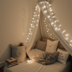 A relaxation reading spot with fairy lights providing ambiance and warmth.