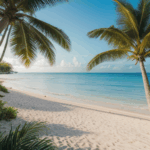 A relaxing view of a tropical beach with palm trees and soft sands.