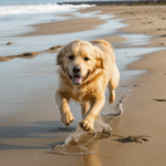 Golden retriever enjoying a playful romp in the sand, under the sunny sky.