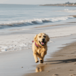 Golden retriever dancing with the waves, embracing the beach excitement.