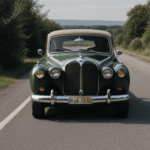 Retro vehicle parked on a scenic drive with a beautiful landscape.