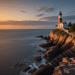 A rocky shoreline with a lighthouse silhouetted against a vibrant sunset sky.
