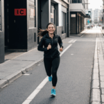 Running girl capturing the essence of city life, weaving through urban streets.