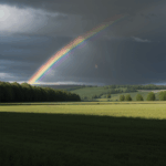 The tranquil countryside is enhanced by the colorful arc of a rainbow, creating a scene of natural wonder.