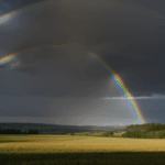 A stunning rainbow lights up the sky above a peaceful countryside, showcasing the harmony of nature's palette.