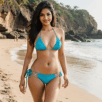 An Indian beauty in a bikini exudes serenity and elegance on a picturesque beach, capturing glamorous moments.