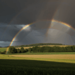 A serene countryside landscape is beautifully complemented by the vibrant arc of a rainbow, creating a peaceful visual delight.